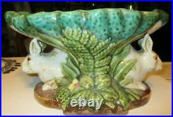 111/2 ANTIQUE Majolica Rabbit Dish Pedestal Bowl DISH POTTERY SIGNED