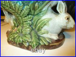 111/2 ANTIQUE Majolica Rabbit Dish Pedestal Bowl DISH POTTERY SIGNED