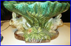 111/2 ANTIQUE Majolica Rabbit Dish Pedestal Bowl DISH POTTERY SIGNED