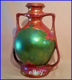 1873 ZSOLNAY VASE eosin green red table art antique pecs hungary vtg porcelain