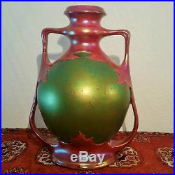 1873 ZSOLNAY VASE eosin green red table art antique pecs hungary vtg porcelain