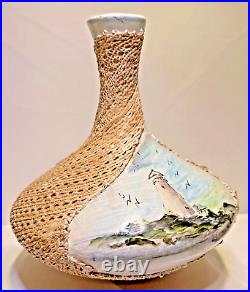 1950's Mixed Media VASE Artisan Crafted Handpainted Coastal Lighthouse Signed JT