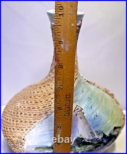 1950's Mixed Media VASE Artisan Crafted Handpainted Coastal Lighthouse Signed JT
