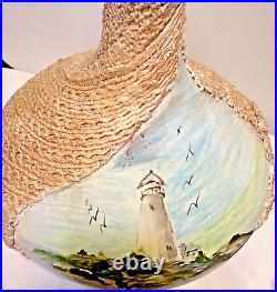 1950's Mixed Media VASE Artisan Crafted Handpainted Coastal Lighthouse Signed JT