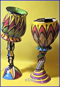 1996 Jane Pate Ceramic Art Pottery Folk Art Cups Signed by Artist Set of 2