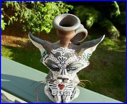 2014 Day of the Dead Cat Folk Art Pottery Sculpture Face Jug Mitchell Grafton