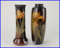 2 Antique Owens Standard Glaze Art Nouveau Hand Painted Pottery Lamp Vases
