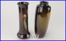 2 Antique Owens Standard Glaze Art Nouveau Hand Painted Pottery Lamp Vases