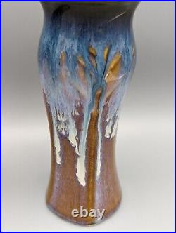 2 Bill Campbell Studio Art Pottery Lotus Vase Artisan Drip Glaze Signed 7.5