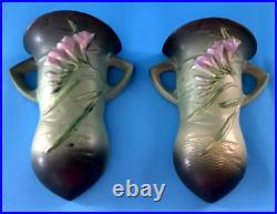 (2) Roseville Freesia Green 1945 Vintage Art Pottery Ceramic Wall Pockets 1296-8