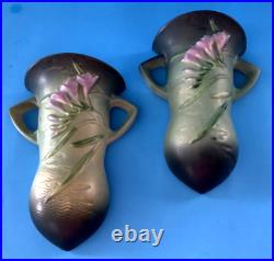 (2) Roseville Freesia Green 1945 Vintage Art Pottery Ceramic Wall Pockets 1296-8