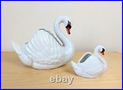 2 Vintage Dartmouth Pottery Devon White Swan Planters Medium & Small