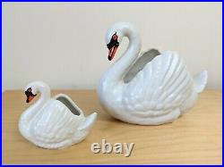 2 Vintage Dartmouth Pottery Devon White Swan Planters Medium & Small