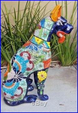 32 XL TALAVERA DOG puppy, great dane colorful mexican ceramic statue, folk art