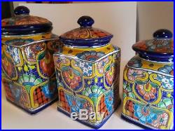 3 Piece Handcrafted Folk Art XL Talavera Canisters from Mexico Vibrant Ceramic