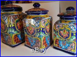 3 Piece Handcrafted Folk Art XL Talavera Canisters from Mexico Vibrant Ceramic