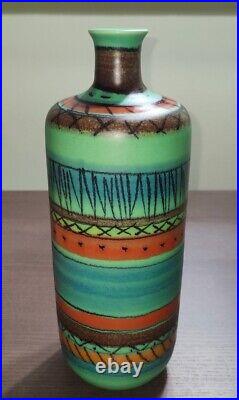 A Bagni Pottery Vase Signed Italy MCM Table Green Orange Brown Black Blue EUC