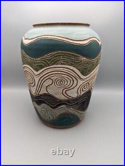 Abstract Vase Studio Art Pottery Vintage Starry Nights Swirls Etched Landscape