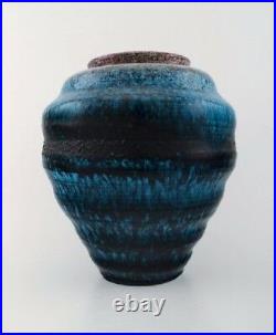 Accolay, French ceramic vase. Turquoise, stylish design with stripes