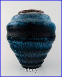 Accolay, French ceramic vase. Turquoise, stylish design with stripes