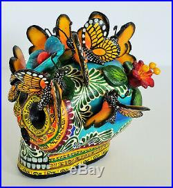 Amazing Alfonso Castillo day of the dead skull butterflies ceramic folk art
