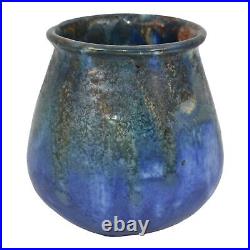 American Vintage Art Pottery Blue Volcanic Drip Glaze Rolled Rim Ceramic Vase