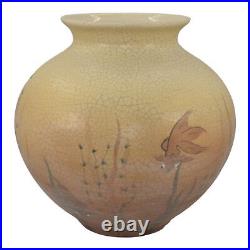 American Vintage Art Pottery Bulbous Brown Aquatic Fish Ceramic Vase