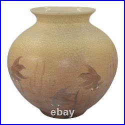American Vintage Art Pottery Bulbous Brown Aquatic Fish Ceramic Vase