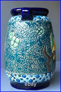 Amphora Porcelain Works Czech Arts & Crafts Parrots Design Vase Teplitz Bohemian