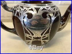 Antique Brown Ceramic Pottery Art Nouveau Silver Overlay Teapot