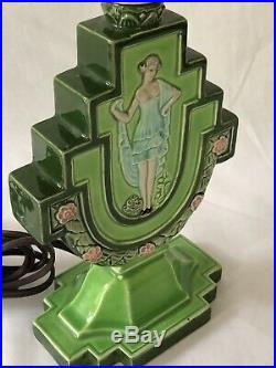 Antique Czechoslovakia Majolica Lamp Art Nouveau Lady Ceramic Art Pottery DLS