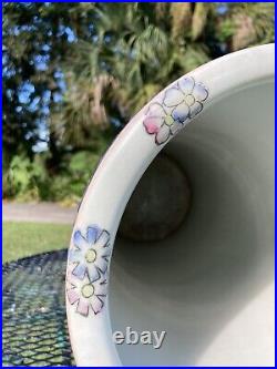 Antique Famille Butterflies Birds Garden Art Pottery Umbrella Holder Vase Stand