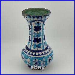 Antique Handmade Hand Painted Glazed Terracotta Vase Iznic Pottery Blue 6.5 H
