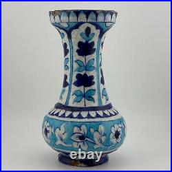 Antique Handmade Hand Painted Glazed Terracotta Vase Iznic Pottery Blue 6.5 H