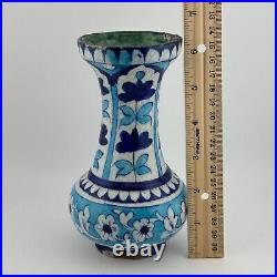 Antique Handmade Hand Painted Glazed Terracotta Vase Iznic Pottery Blue 6.5 H