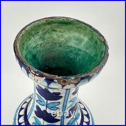 Antique Handmade Hand Painted Glazed Terracotta Vase Iznic Pottery Blue 6.5 H