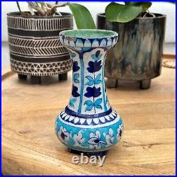 Antique Handmade Hand Painted Glazed Terracotta Vase Iznic Pottery Blue 6.5 H