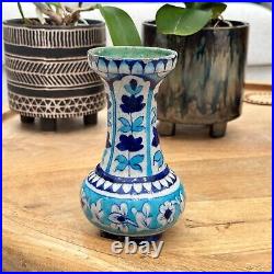 Antique Handmade Hand Painted Glazed Terracotta Vase Iznic Pottery Blue 6.5 H