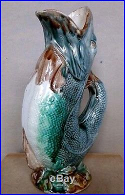 Antique Leaping Fish Pitcher Vase Jug Majolica Figural Art Pottery Ceramic C1890