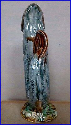 Antique Leaping Fish Pitcher Vase Jug Majolica Figural Art Pottery Ceramic C1890