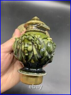 Antique Linthorpe Art Pottery Ceramic Green Face Majolica Inkwell Brass Base