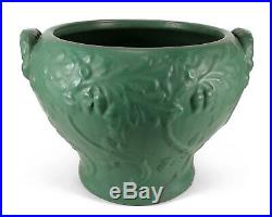 Antique Matte Green Ohio Art Pottery Jardiniere Vase Handles Oak Leaves Acorn