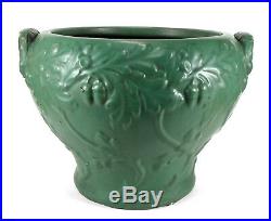 Antique Matte Green Ohio Art Pottery Jardiniere Vase Handles Oak Leaves Acorn