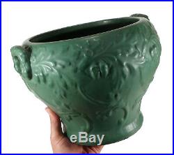 Antique Matte Green Ohio Art Pottery Jardiniere Vase Handles Oak Leaves Acorn