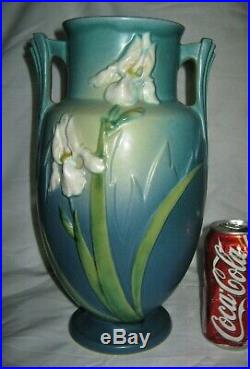 Antique Roseville USA 928-12 Art Deco Pottery Flower Garden Blue Iris Vase Mint