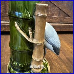 Antique Victorian Bretby Art Pottery hand-painted crane bird bamboo 19th Century