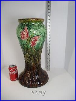 Antique Weller Majolica 1920s Art Pottery Red Butterfly Brown Ceramic Pedastal