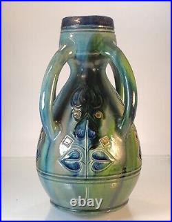 Antique art nouveau arts crafts colorful glazed Art Pottery Vase