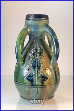 Antique art nouveau arts crafts colorful glazed Art Pottery Vase