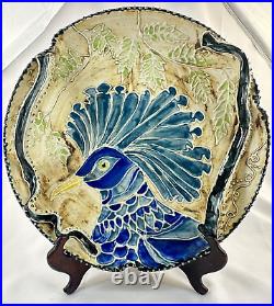 Art Pottery 14 Plate / Bowl / Dish features Dramatic Blue Peacock Bird Design